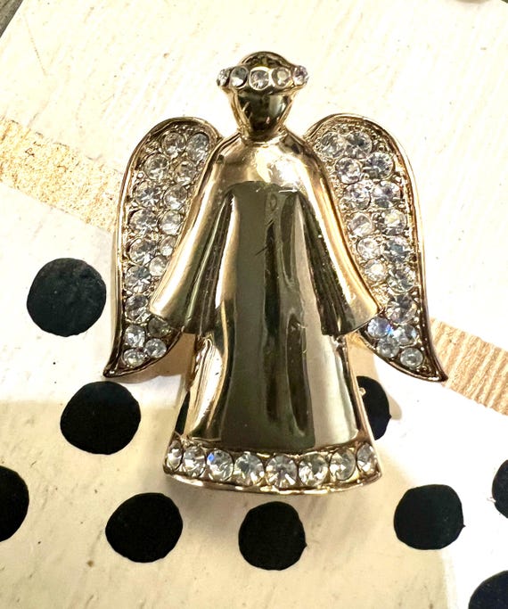 Vintage Monet Angel Brooch – Gold Tone Rhinestone Wings Lapel Pin