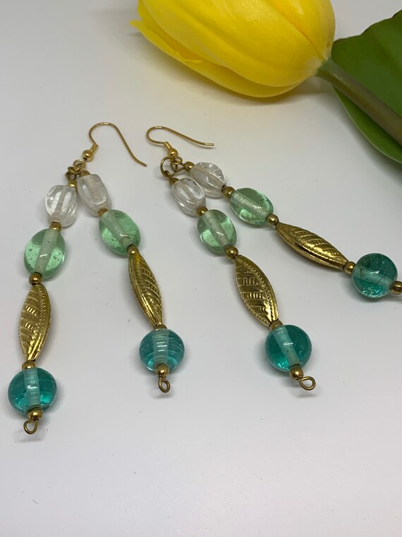 Long Gypsy Beaded Dangles, Coke Bottle Art Class With Tribal Golden Accents, Dramatic Boho Statement Earrings