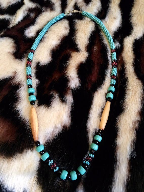 Vintage Southwestern Seed beads wood and mixed beads tribal styled necklace