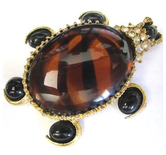 High End Designer Pauline Rader Tiger Striped Jelly Belly & Rhinestone Turtle Lapel Pin Vintage Brooch Figural, 80s 90s Ladies that Lunch