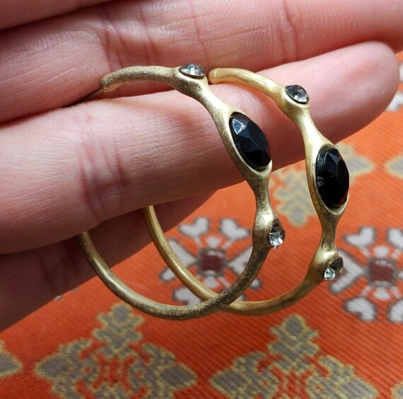 Vintage Matte Gold tone Abstract HOOPS with Black Ruby jewels, 80s 90s glamour Statement Earrings