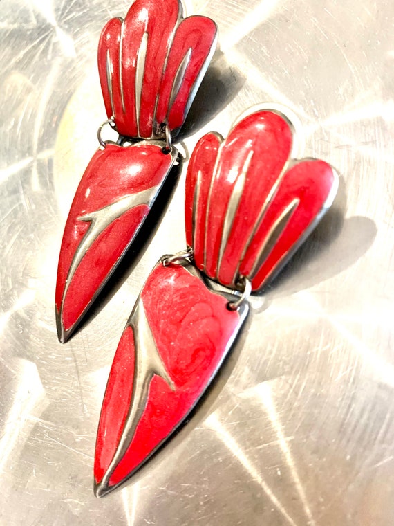 80s Art Deco Revival Dangle Coral Red Enamel Boho Statement Earrings
