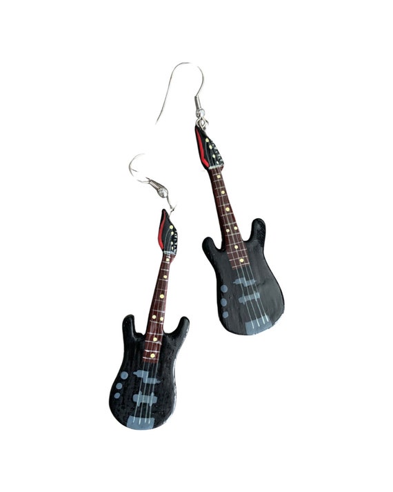 Punky Guitar Dangles, Vintage Artisan Hand Carved and Painted Rock and Roll Statement Earrings, How Trendy!
