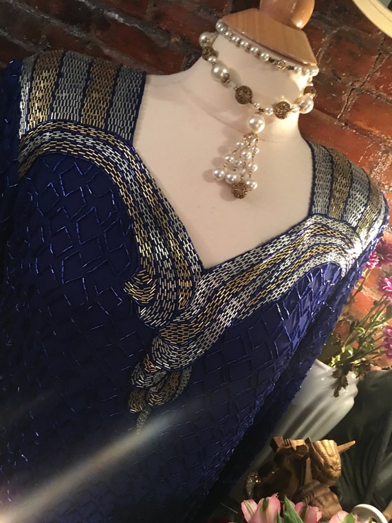 Hit the Red Carpet in Hollywood Glamour Style Art Deco Blue & Silver Beaded Silk Evening Gown, Blue Wedding