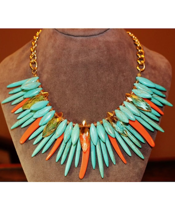 Blue and Orange Nefertiti Collar Choker, Festive Palm Beach Resort Jewelry Statement Necklace, on trend Palm Royale Style