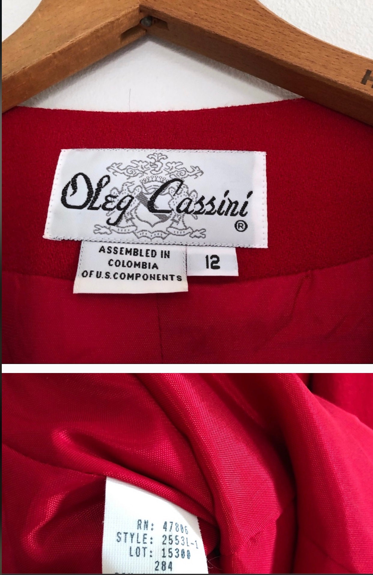Oleg Cassini Red Skirt Suit with Black Velvet Cuffs, Glamorous Wool ...