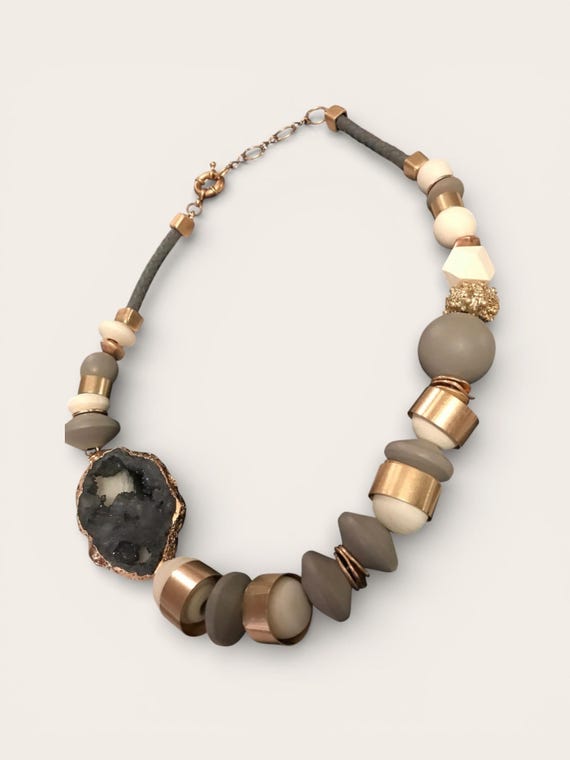 Black Onyx Druzy Quartz Necklace: Wood & Goldtone Beaded Runway Jewelry