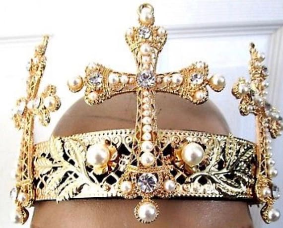 Valentine Gothic Golden Leaves Faux Pearl Rhinestone Cross Holiday Crown Tiara