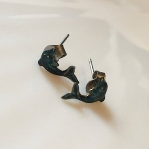 Very old tiny little Blue Metal Dolphin post Earrings so adorable
