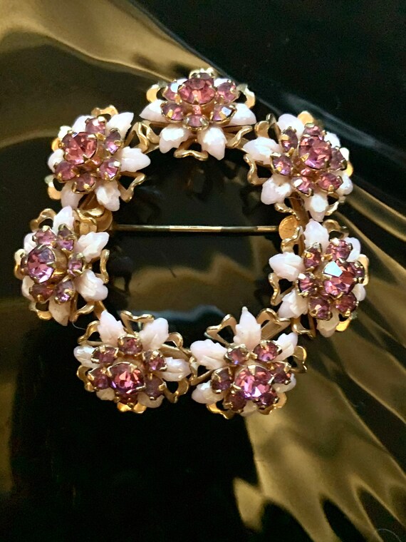 Vintage Pink Rhinestones Floral Pastel & Goltone … - image 1