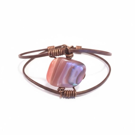 70s Boho Copper Wire Cuff Bracelet: Abalone Shell Stone