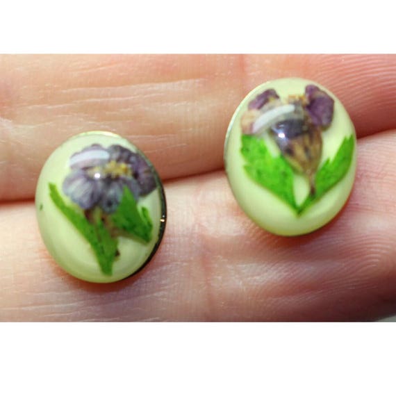 Vintage Dried flower Art Earrings tiny violets or pansies so pretty pierced posts