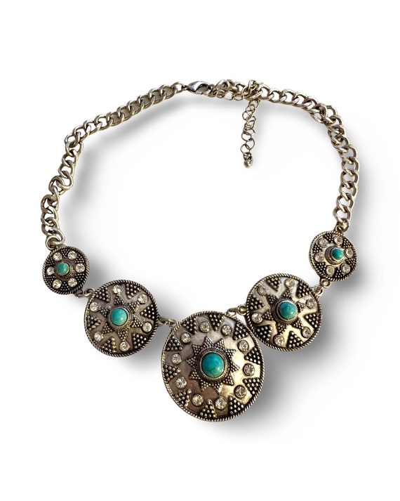 Y2K Vintage Southwestern Choker Statement  Necklace- Silver tone Starburst Medallions w/  Turquoise colored stones & 90s glam  Rhinestones