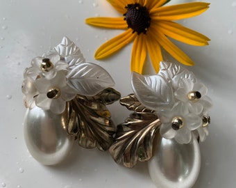 Dramatic Art Deco Floral Pearl Earrings, 50s Bridal Jewelry