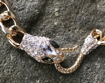 Golden Rhinestone Snake Choker Statement Necklace, Sexy 90s Glamour Jewelry