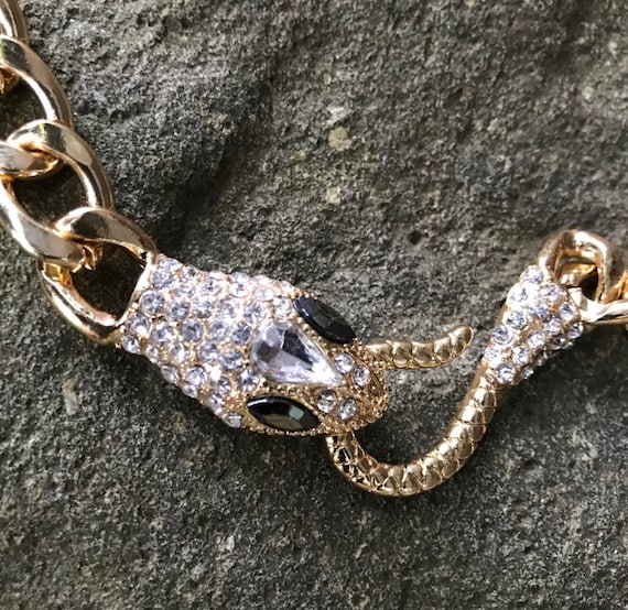 Golden Rhinestone Snake Choker Statement Necklace, Sexy 90s Glamour Jewelry