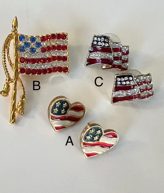 Vintage USA American Flag Enamel Earrings or Sparking Rhinestone Flag Pin, Take your pick, under Twenty dollars, patriotic jewelry