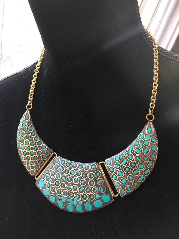 Beautiful Vintage Brass & Turquoise Bibbed Choker… - image 9