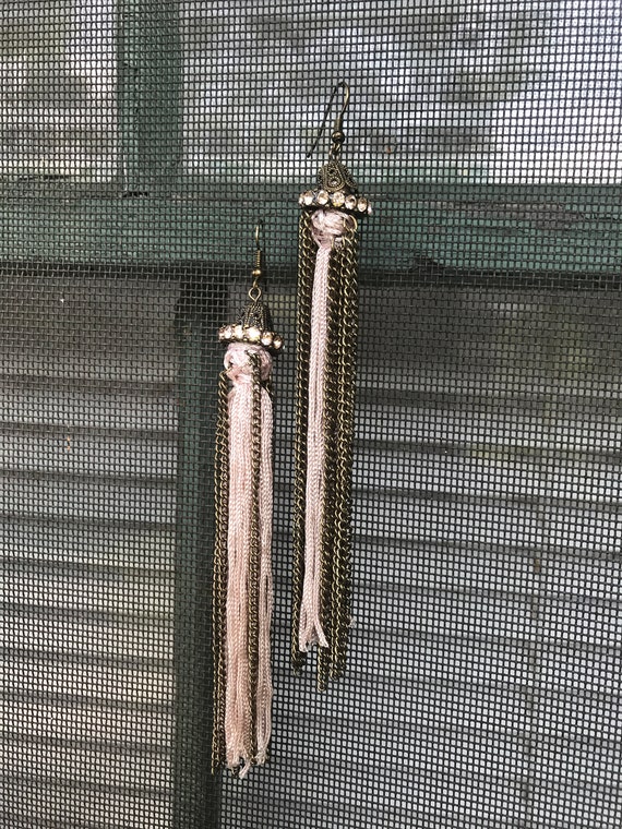 Pretty Pink Beige Sexy Silk Tassel Earrings, Art Deco Gatsby Flapper Dangles, 90s Glam Vintage Jewelry