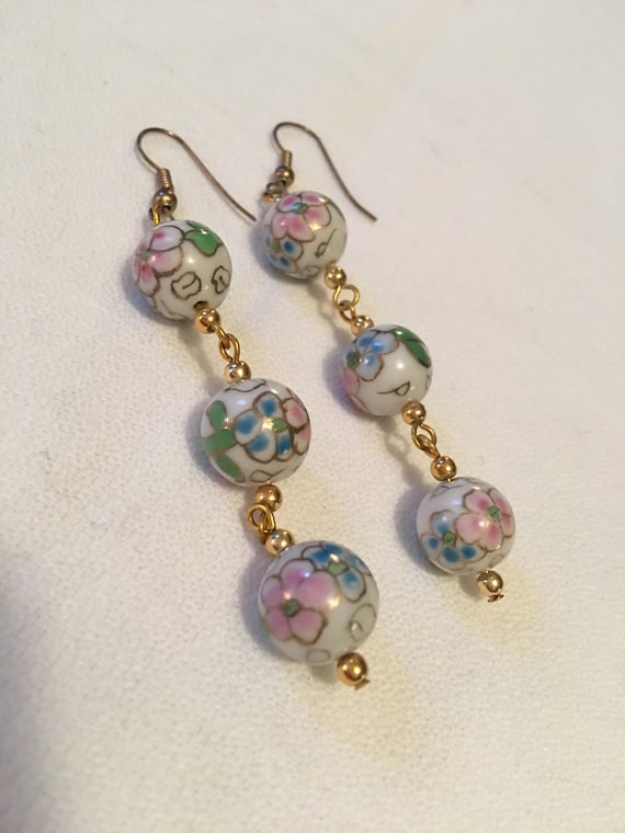 Pretty Pink & Green  Flowers on White Porcelain Beads on Goldtone Chain Dangle Earrings