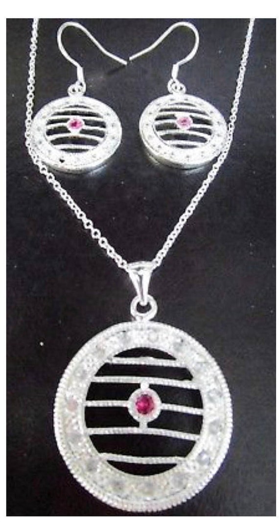 Genuine Ruby Silver Plate Modernist Necklace Earring Set Nautical Romanesque or Greek sort of Geometric Style