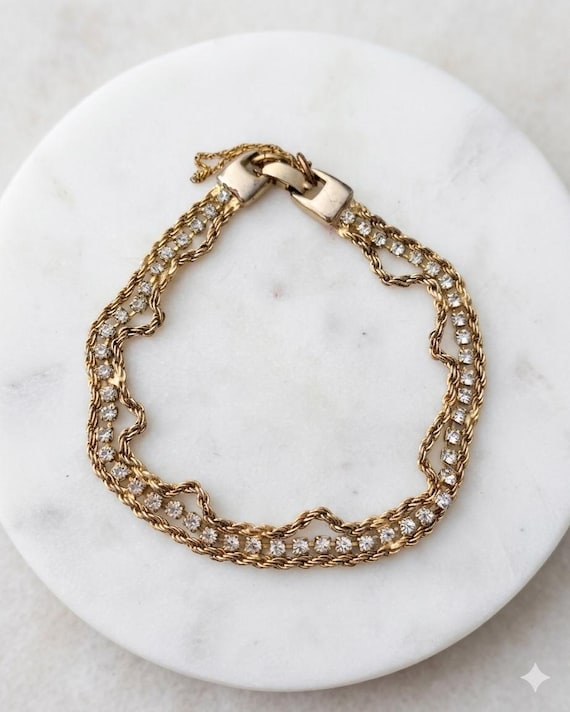 Vintage 1970s Gold Tone Multi Strand Rhinestone Bracelet, Wavy Rope Chain Tennis Bracelet with Safety Chain, Unsigned Mid Century Glam
