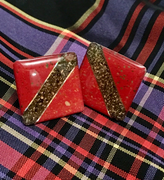 Vintage Modern color block red & black graffic Square earrings  with metalic flecks pierced