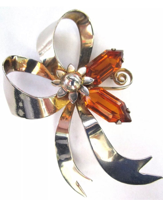 Art Deco Bow Lapel Pin with Cut Amber Rhinestone and modernist Flower, Sterling, Rare Vintage Brooch