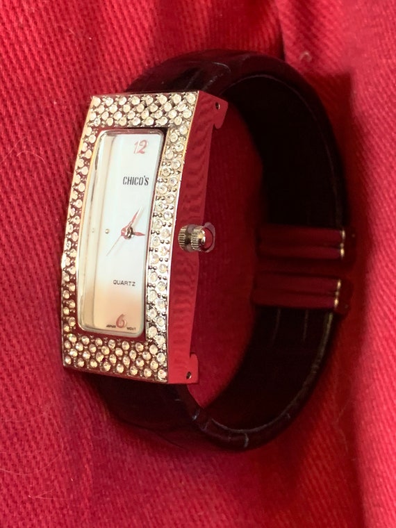 Glitzy Chico’s Rhinestone Black & Silvertone Bracelet Statement Watch, Awesome 90s glamour jewelry