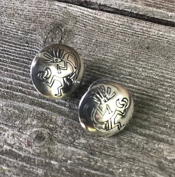 Button Style Vintage Southwestern Silver Kokopelli Spirit Warrior Earrings, Vintage late 1980s