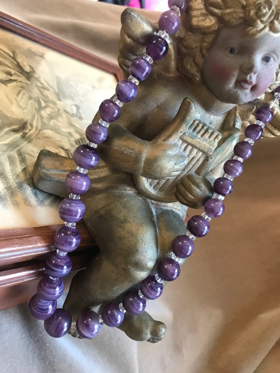 Antique Victorian Swirly Purple Beads with Crystal Spacers, Beautiful Vintage Art Glass Necklace