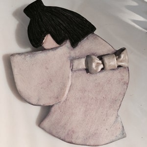 Japanese Geisha Ceramic Brooch, Artist Signed Porcelain Pin, Vintage Jewelry, Collectible Art to wear of display