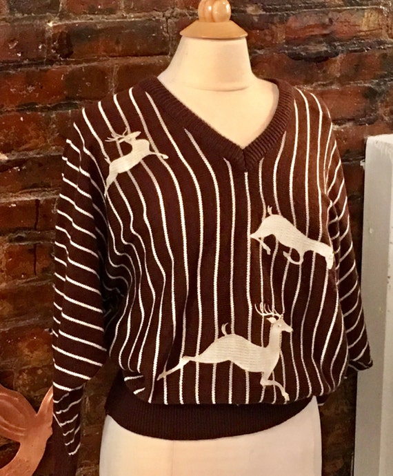 Vintage brown pinstriped Reindeer Sweater, V neck… - image 5