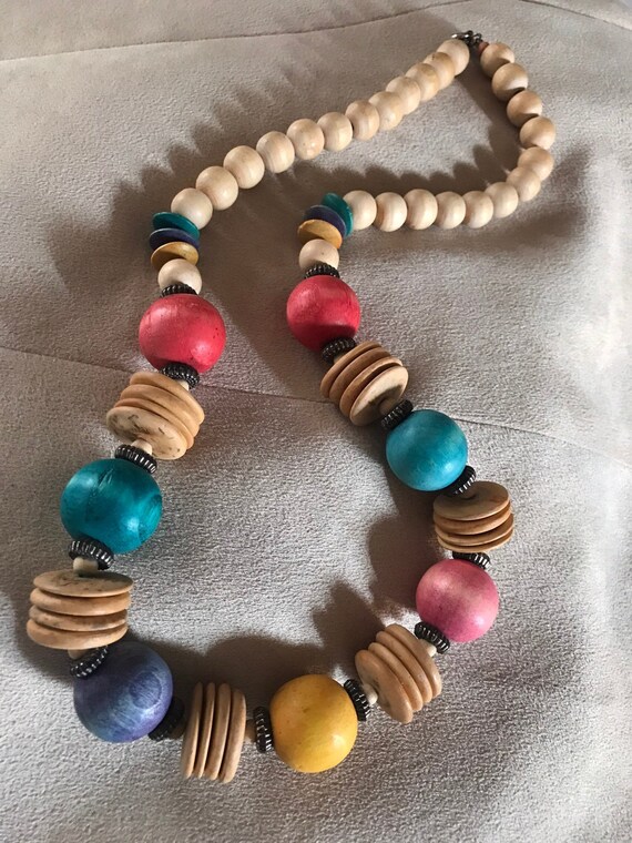 Modernist Rainbow Natural Wooden Bead Statement Ne