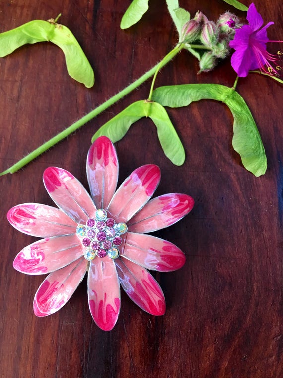 Vintage Enamel & Rhinestone Vibrantly Colorful Pink Petaled Flowered Silvertone Brooch