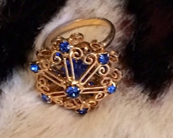 Vintage Filigree Cocktail Ring: Cobalt Blue Rhinestones, Mid Century Statement Jewelry