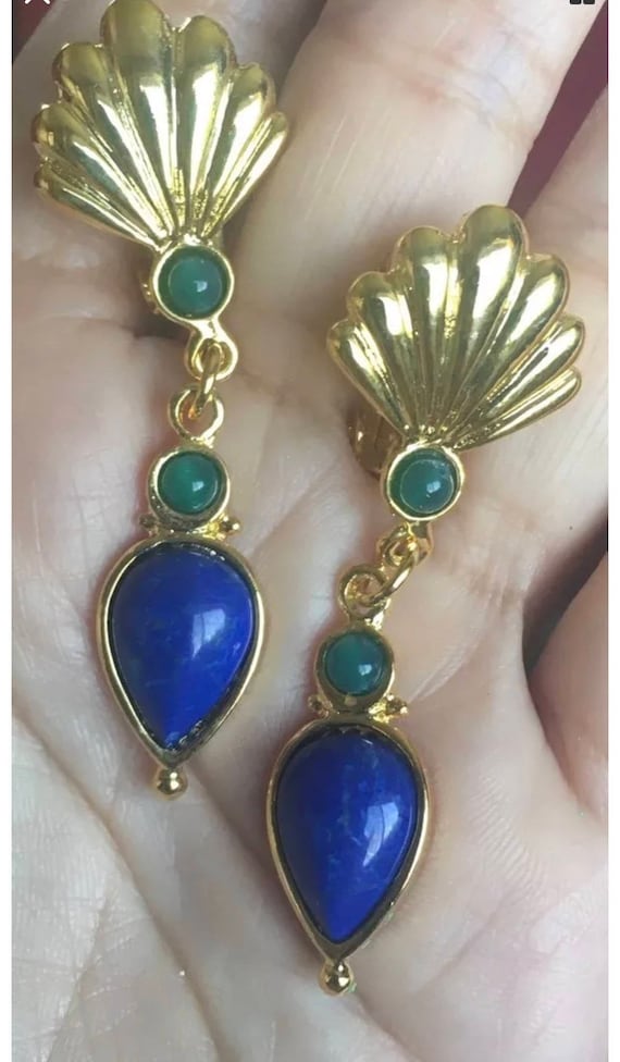 80s Deco Statement Earrings, Stylish Blue Green Polished Stone Goldtone Modernist  Art Deci Dangles, Clip on Earrings