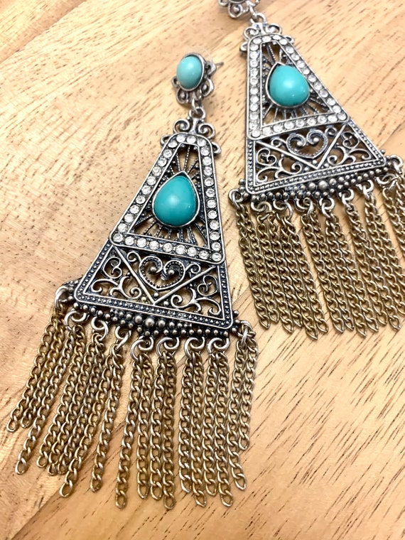 Southwestern BohemianFringy Chandelier Dangles, Sexy Glamour Jewelry Statement Earrings, Big Bold 90s Glamour Jewelry Bling