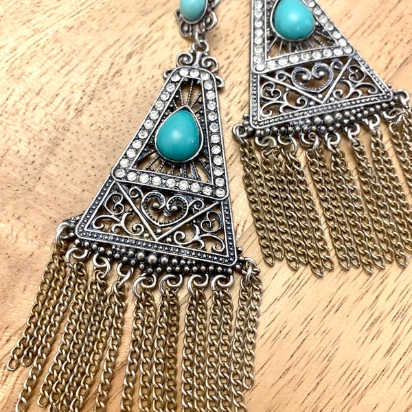 Huge Southwestern Boho Gypsy Tribal Fringy Glamour Jewelry Statement Earrings, Big Bold 90s Bling