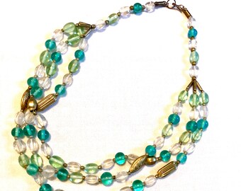 Collar de cuentas Art Déco - Cristal de triple hebra, joyería vintage verde espuma de mar