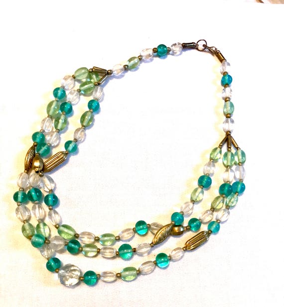 Art Deco Beaded Necklace - Triple Strand Crystal, Seafoam Green Vintage Jewelry