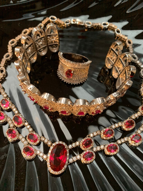 Sexy Ruby Zirconia Art Deco Choker Necklace with Red Ruby accent Bracelet / Cocktail Ring, Formal Ball Dress Statement Jewelry Set