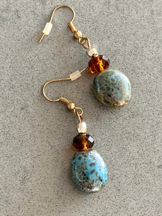 Boho Glam Gypsy Dangles, Iridescent Blue and Bronze Art Glass Beads with Root Beer & Golden Crystals, Elegant Artsy Vintage Earrings