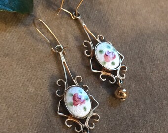 Delicate Guilloche Rose & Filigree Earrings, Vintage 70s Victorian Revival Dainty Romantic Dangles