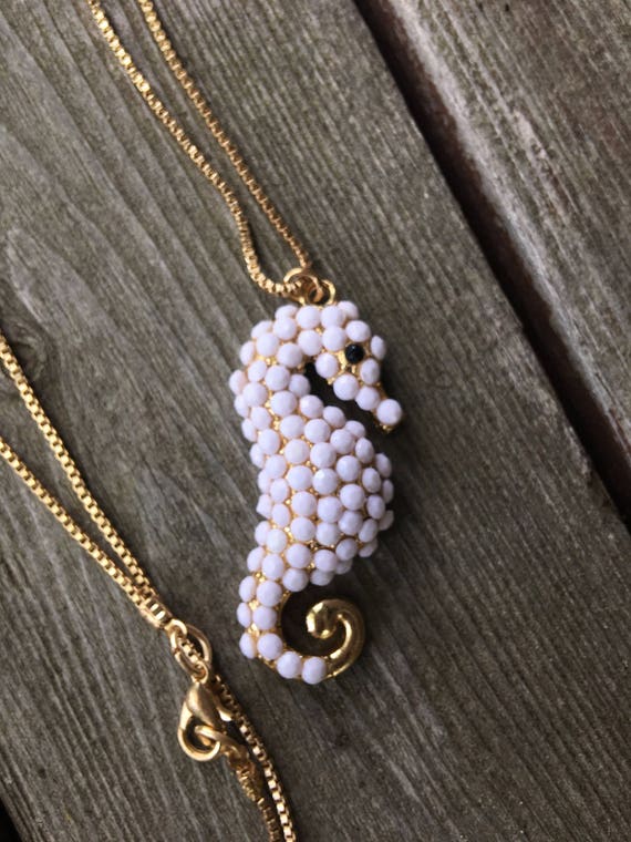 Vintage White Beaded Seahorse Pendant Necklace on Goldtone Chain