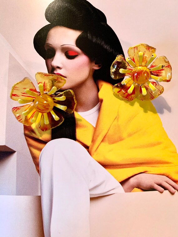 Wonderful Yellow and Orange Vintage Lucite Floral Statement Earrings, On Trend Pretty Vintage Flowers
