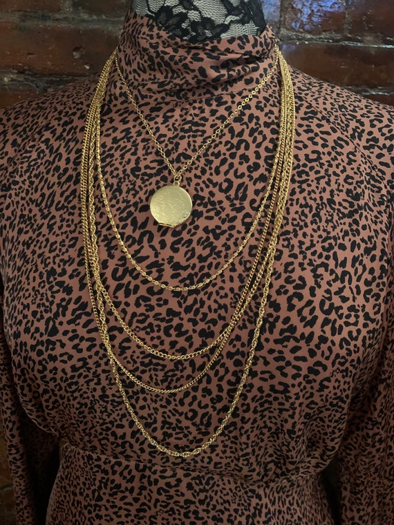 Unique 70s Multi Chain Golden Locket Statement Necklace, Chic Victorian Revival & Disco Stylish Fusion, Mint condition