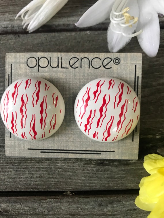 Awesome 80s Graphic Art Pop Art New Wave Red on White Button Style Post Earrings by Opulence, on Original Card