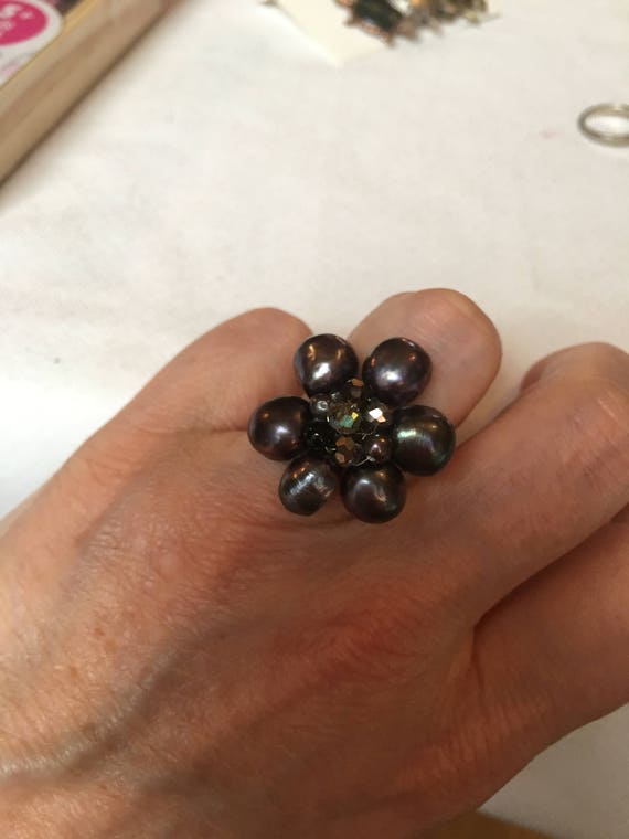 Vintage Black Water Pearl Cluster Bead Floral Adj… - image 6
