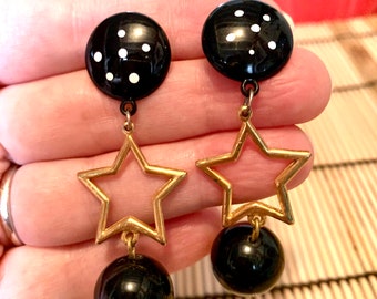 Punky Black & Gold Star Dangles, Awesome 80’s Big Bling Runway Statement Earrings